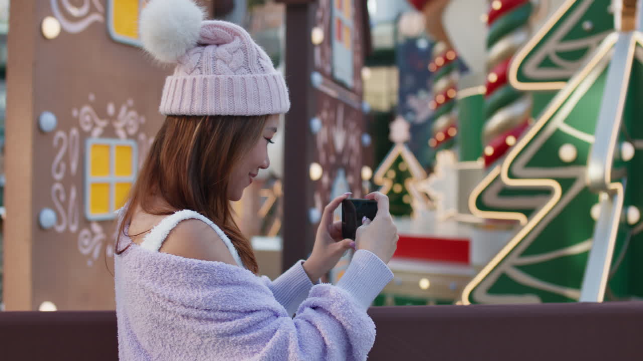 Festive women near decorated Christmas trees