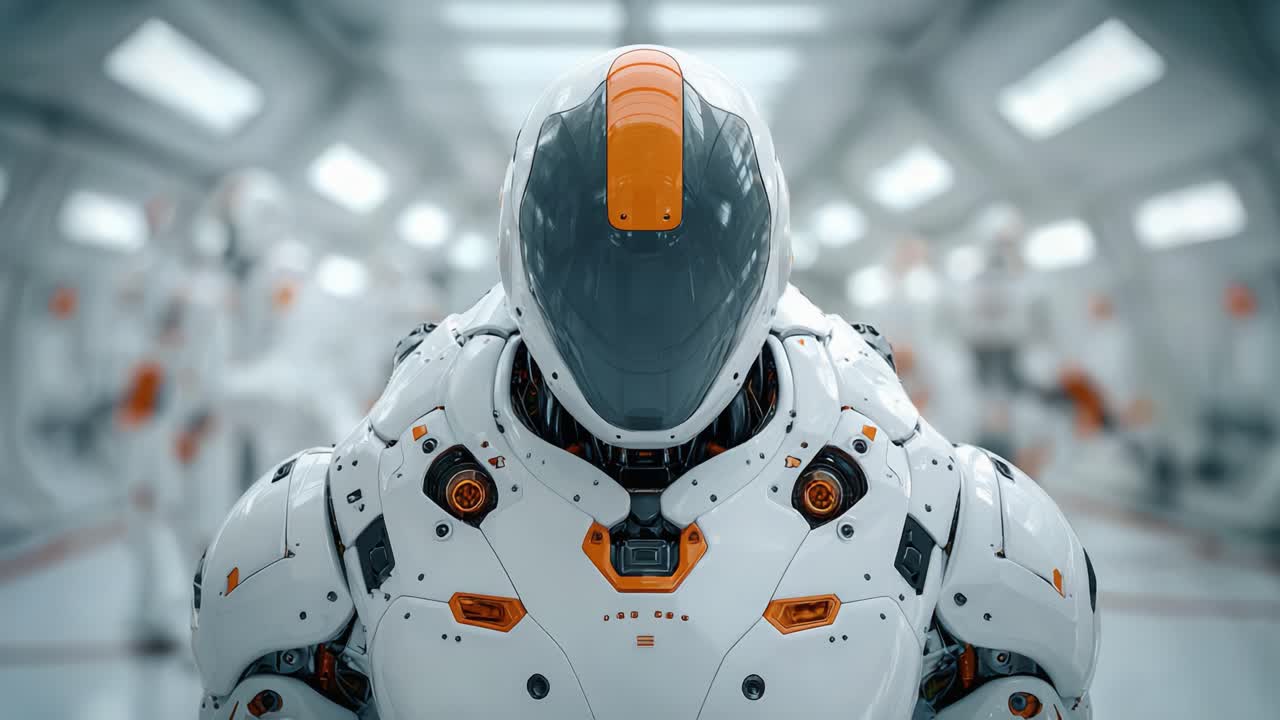Un futuristico assemblaggio di robot umanoidi avanzati, che mostrano design complessi e tecnologia, ambientato in un ambiente elegante e moderno che enfatizza l'innovazione e l'ingegneria sofisticata