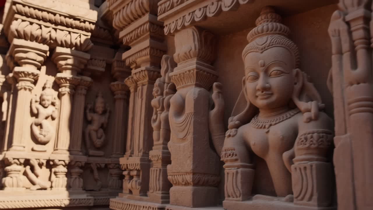 Ornate Stone Carvings on Ancient Indian Temple Walls