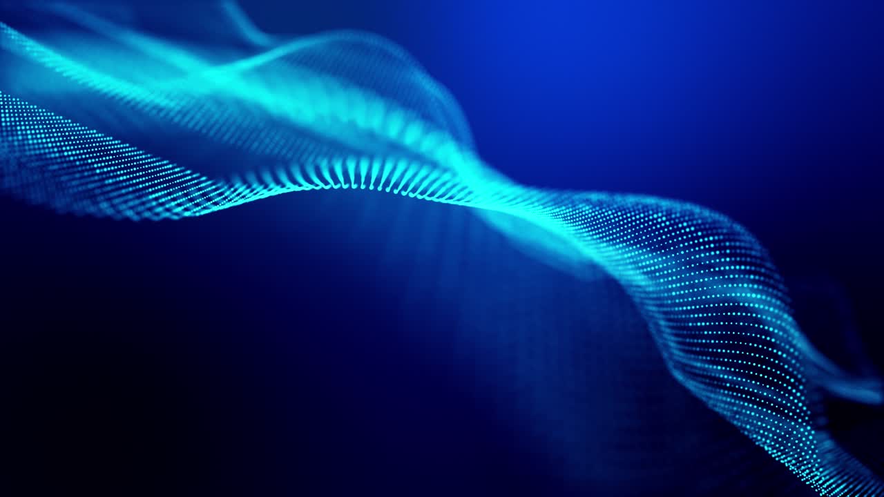 4k looped abstract background of glow particles form lines, surfaces as futuristic landscape in cyberspace or hologram. Sci-fi theme of microworld, nanotechnology or cosmic space. Blue 2