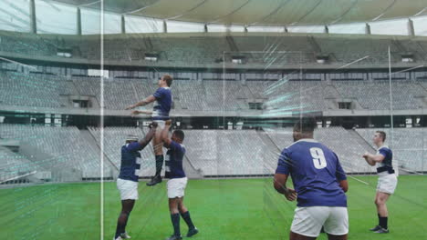 animación del procesamiento de datos sobre los jugadores de rugby en el campo