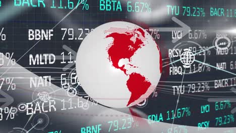 Animación-De-La-Red-De-íconos-Digitales-Y-Procesamiento-De-Datos-Del-Mercado-De-Valores-Sobre-Un-Globo-Giratorio