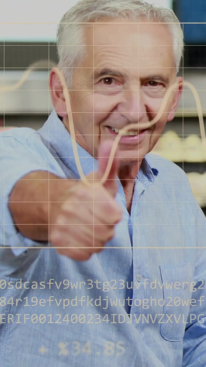 Vertical video: Senior man in store bracing cart raising thumb pushing ahead approving HUD on thumb