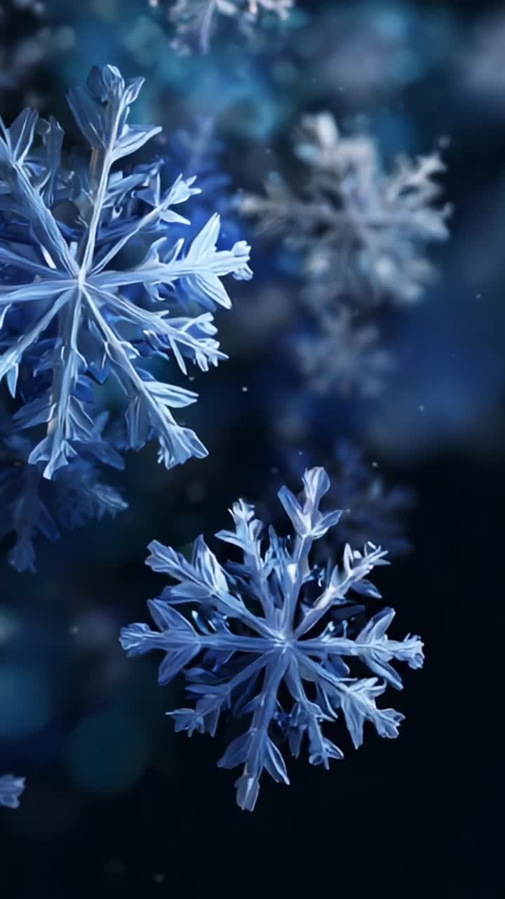 Intricate Snowflakes Captured in Motion, Showcasing Unique Patterns and Ethereal Beauty Against a Dark and Mysterious Backdrop with Beautifully Blurred Bokeh Effects, Creating a Dreamy Winter Wonderland