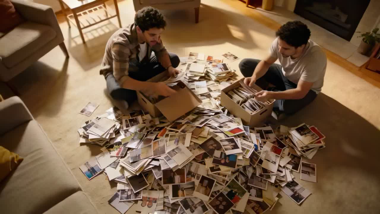 Looking down, two men flannel light tee sorting arranging prints into boxes on living room carpet