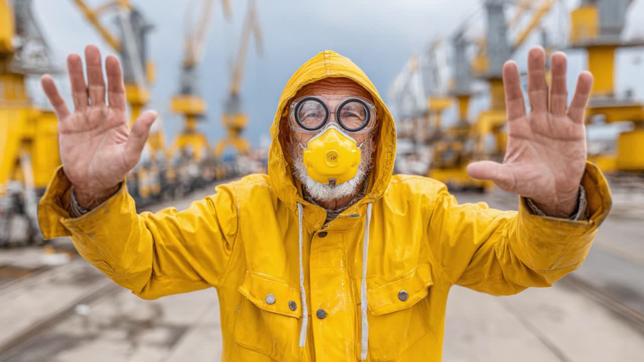 An individual in a bright yellow jacket and mask gestures with hands raised amidst a busy industrial landscape, embodying safety and awareness in challenging conditions