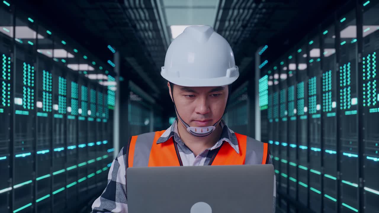 Close Up Of Asian Male Engineer With Safety Helmet Working On A Laptop While Standing in Server Room Data Center