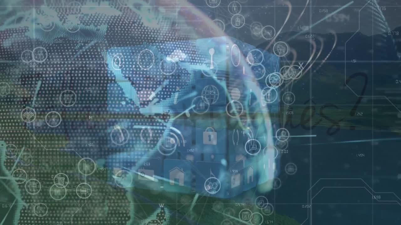 Animation of globe and network of connections over landscape