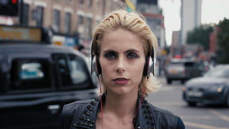 slow motion portrait of  beautiful caucasian punk woman listening to music