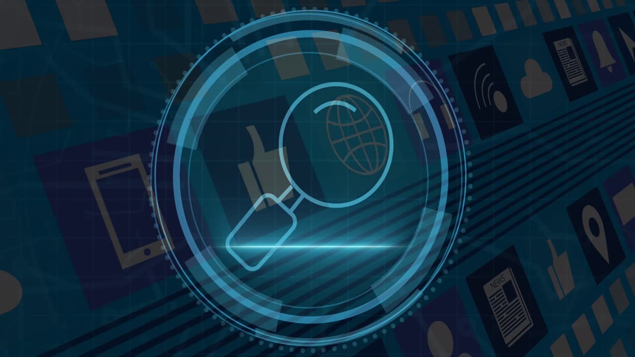 texto de seguridad cibernética sobre escáner redondo contra iconos digitales en un patrón sin fisuras sobre fondo azul