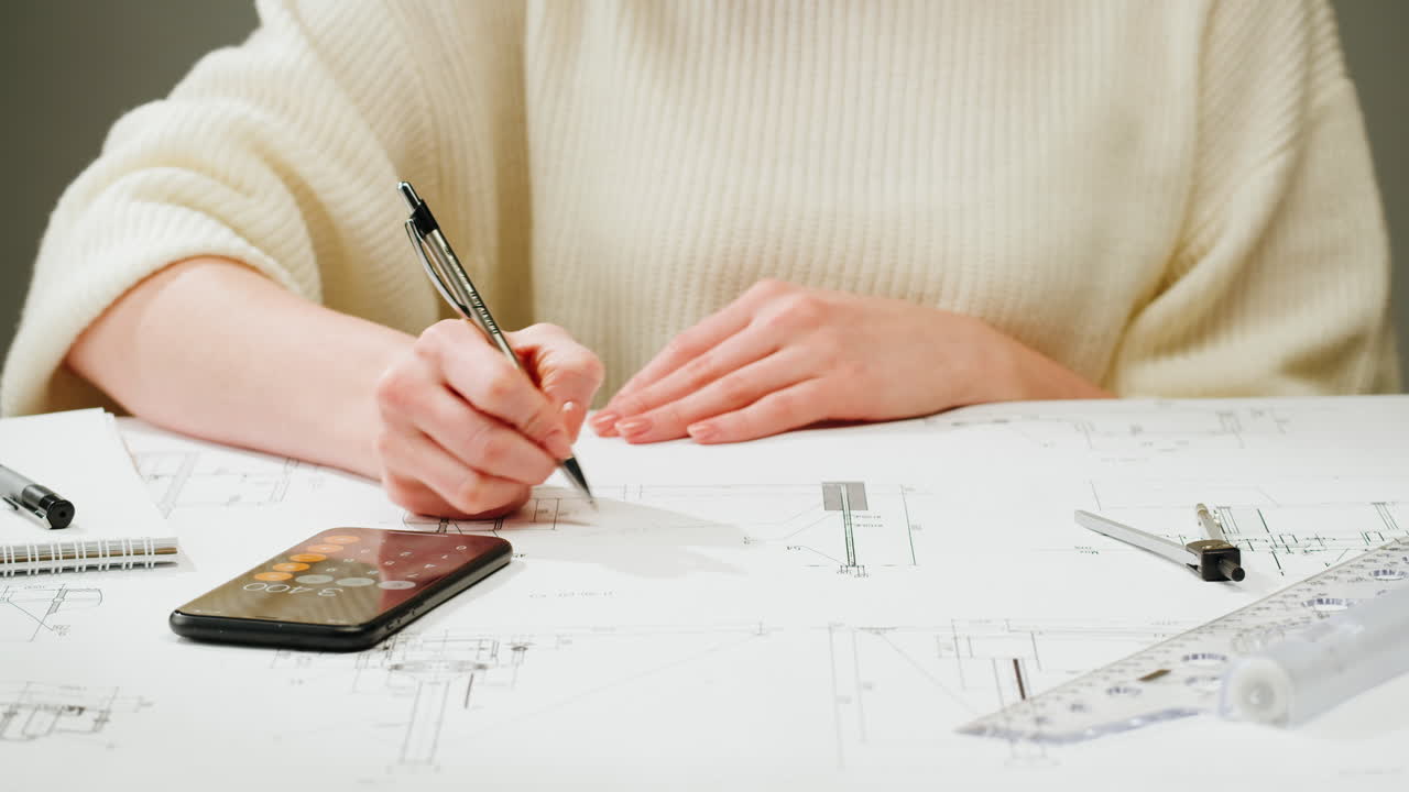 A person working on architectural blueprints with a calculator