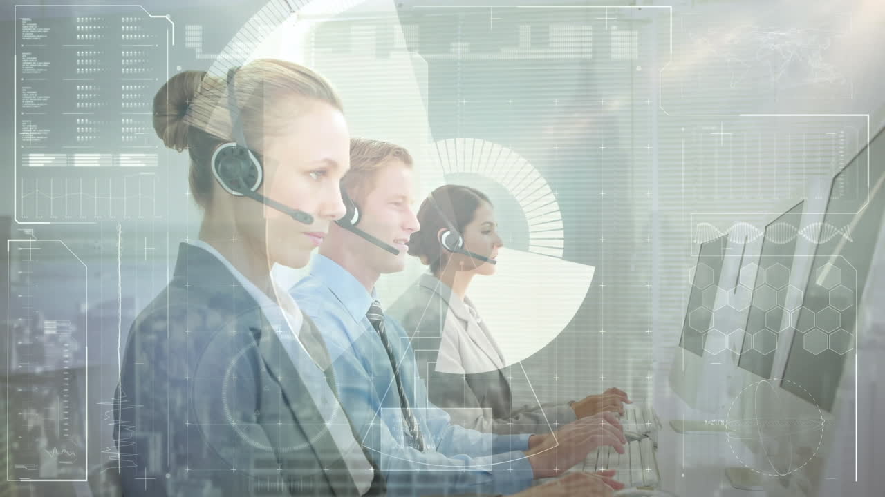 animación del procesamiento de datos financieros sobre personas de negocios que trabajan en la oficina