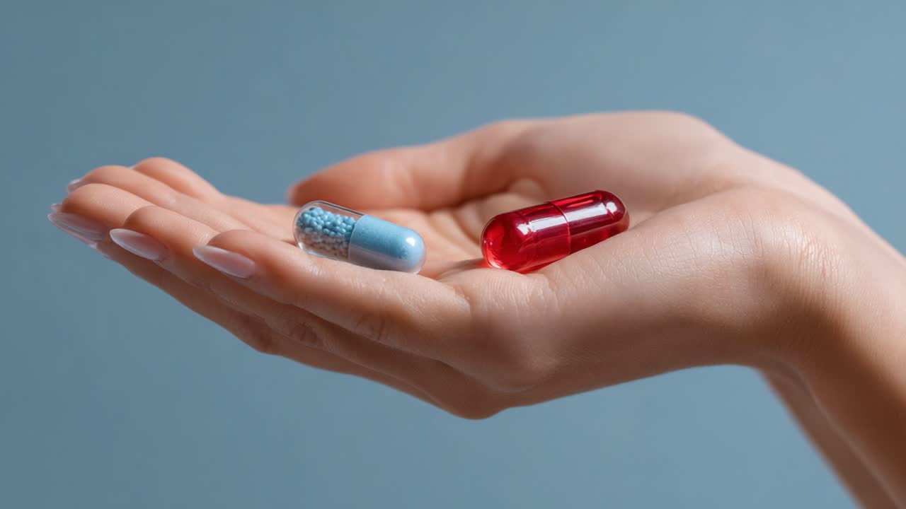 An Elegant Hand Displaying Two Distinct Capsules: A Blue-Capsule with Glitter and a Vibrant Red Pill on a Soft Blue Background, Symbolizing Choices in Health and Wellness