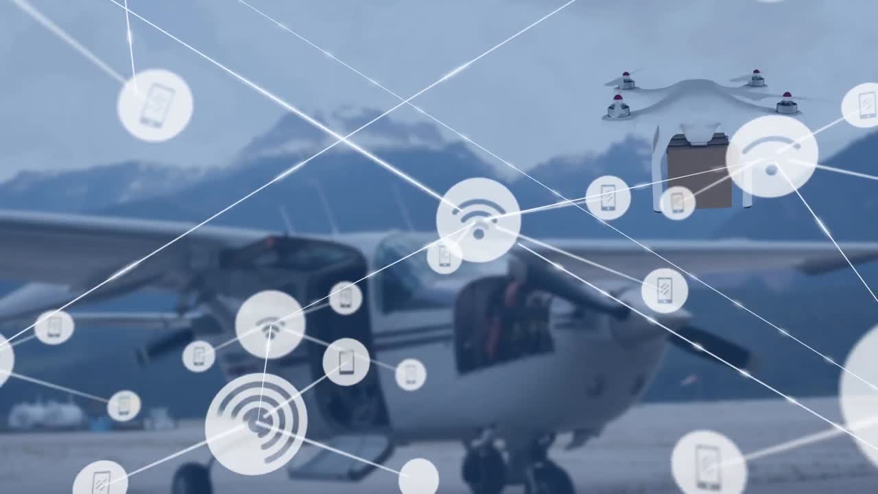 도시 풍경 위의 파일과 함께 드론을 통해 연결 네트워크의 애니메이션