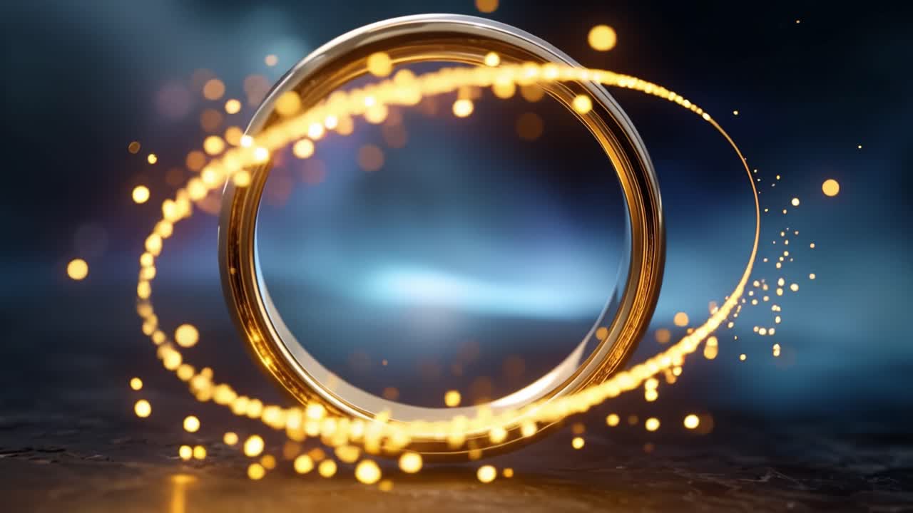 Anello dorato risplende delicatamente su uno sfondo scuro e fumoso. Particelle scintillanti fluttuano intorno alla sua superficie lucida. Una debole luce blu pulsa dietro, suggerendo mistero o magia. Ideale per fantasy, mistico.