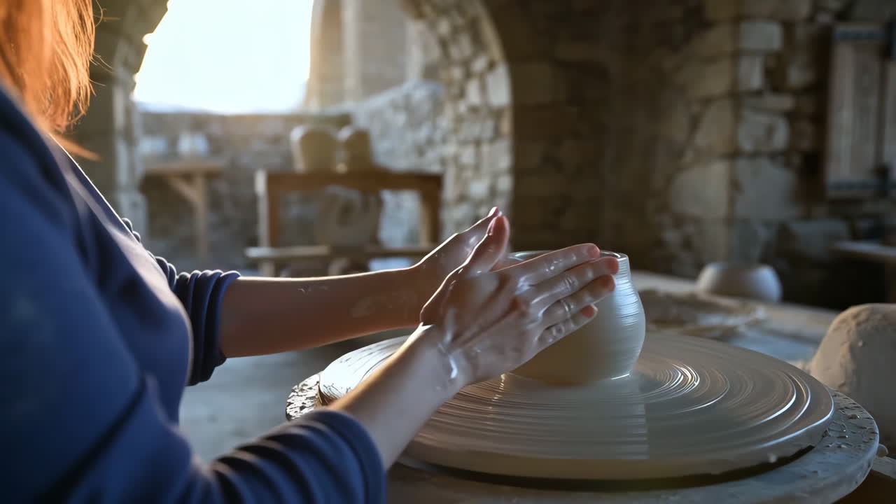 Person shaping clay on a pottery wheel in a rustic workshop