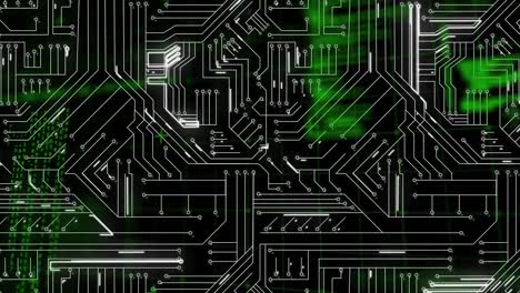 animation of computer circuit board over data processing on black background