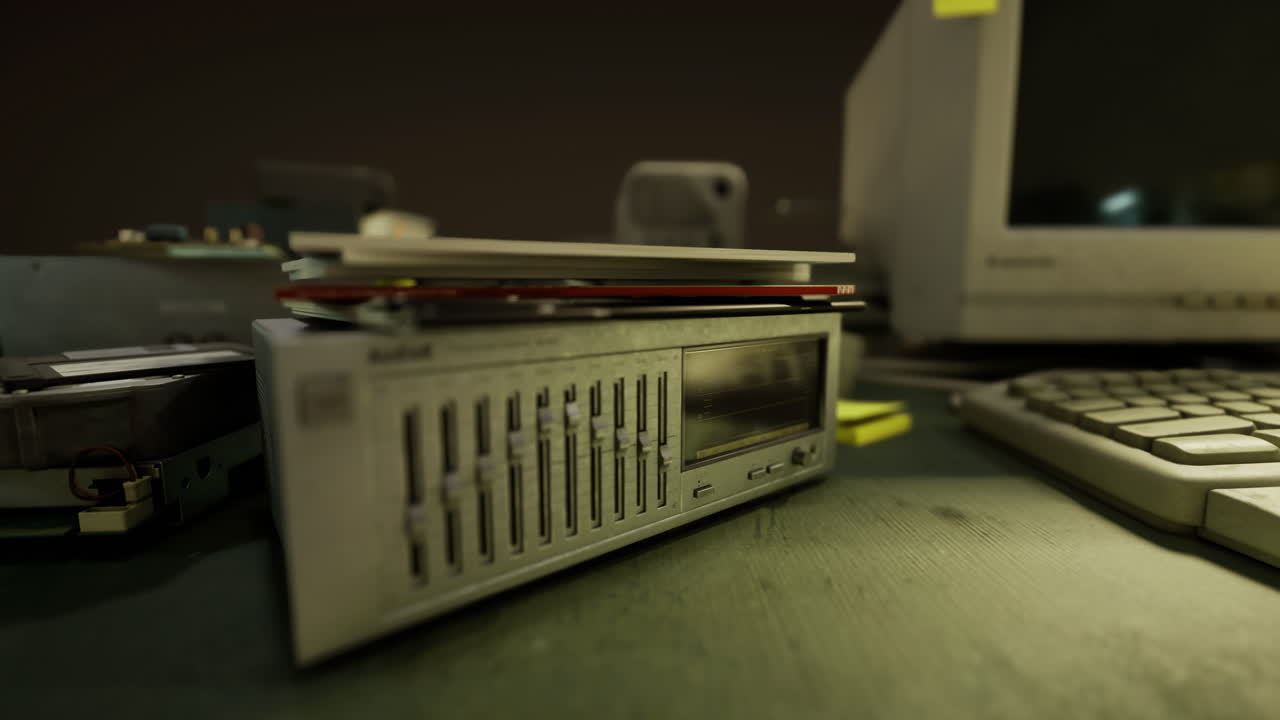 Old computer equipment is stacked on a desk in a dimly lit room