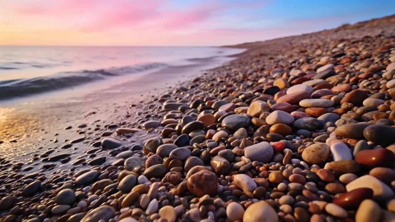 Piccola onda che si avvicina e lambisce ciottoli colorati su una spiaggia di ciottoli al calar del sole, lasciando riflessi bagnati.