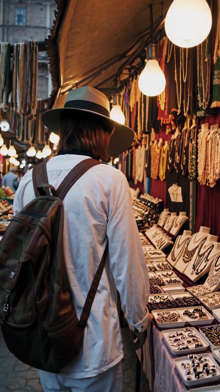Persona con cappello e zaino che curiosa tra i gioielli in un mercato all'aperto