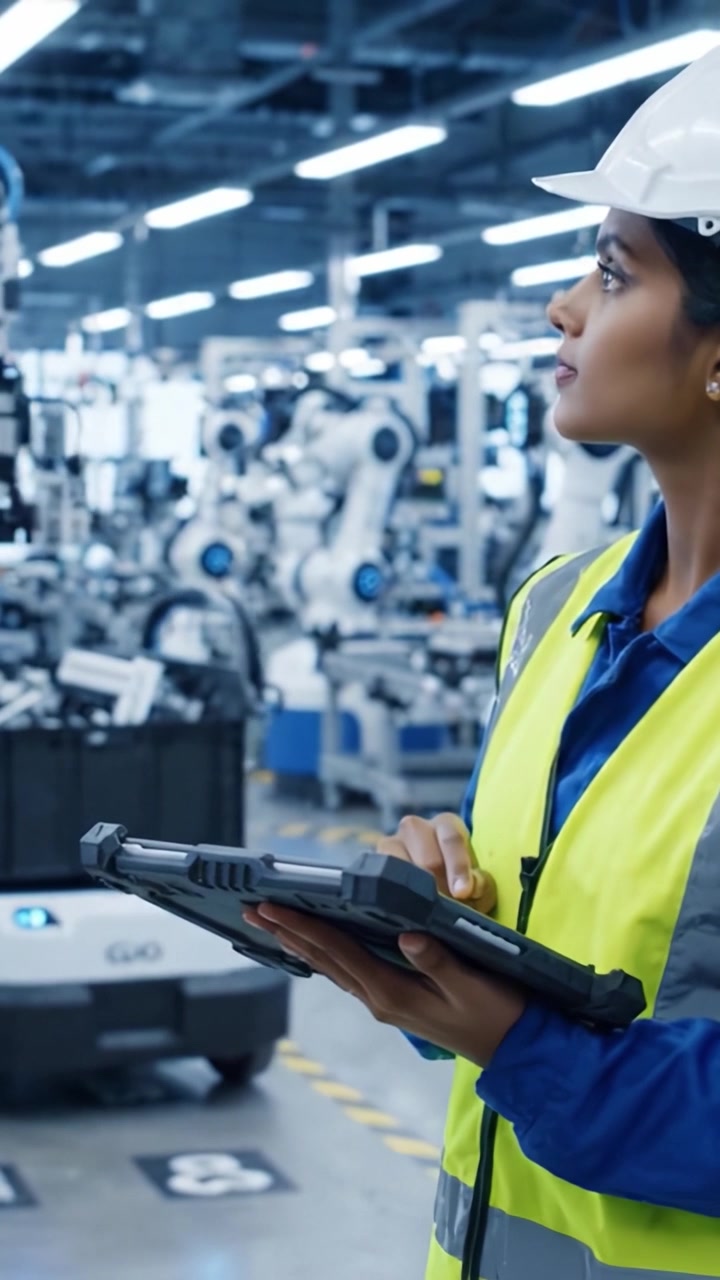 A focused technician in a safety helmet and reflective vest operates a tablet in a high-tech manufacturing facility amidst advanced robotic machinery.