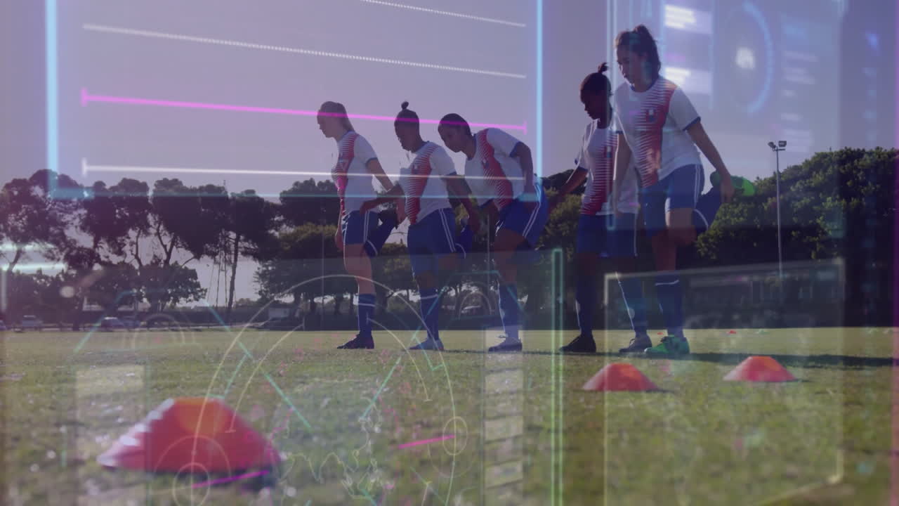 Soccer players training on field with digital data overlay animation