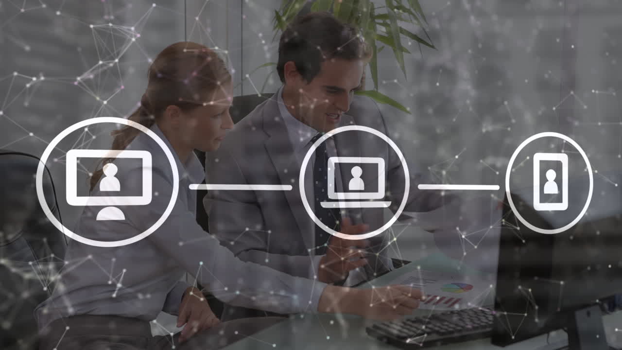 animación de una red de iconos digitales sobre un hombre y una mujer de negocios caucásicos discutiendo