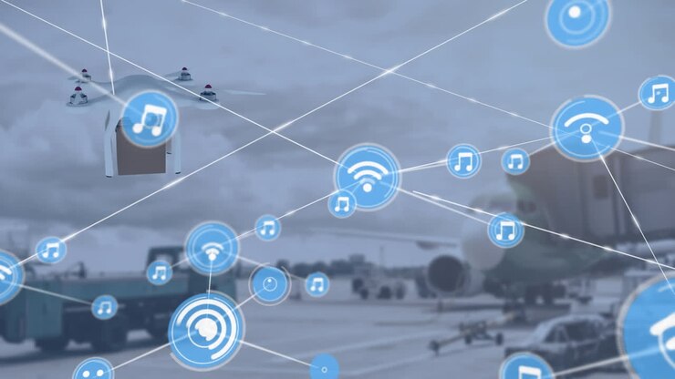 Animation of network of connections with icons over drone carrying parcel
