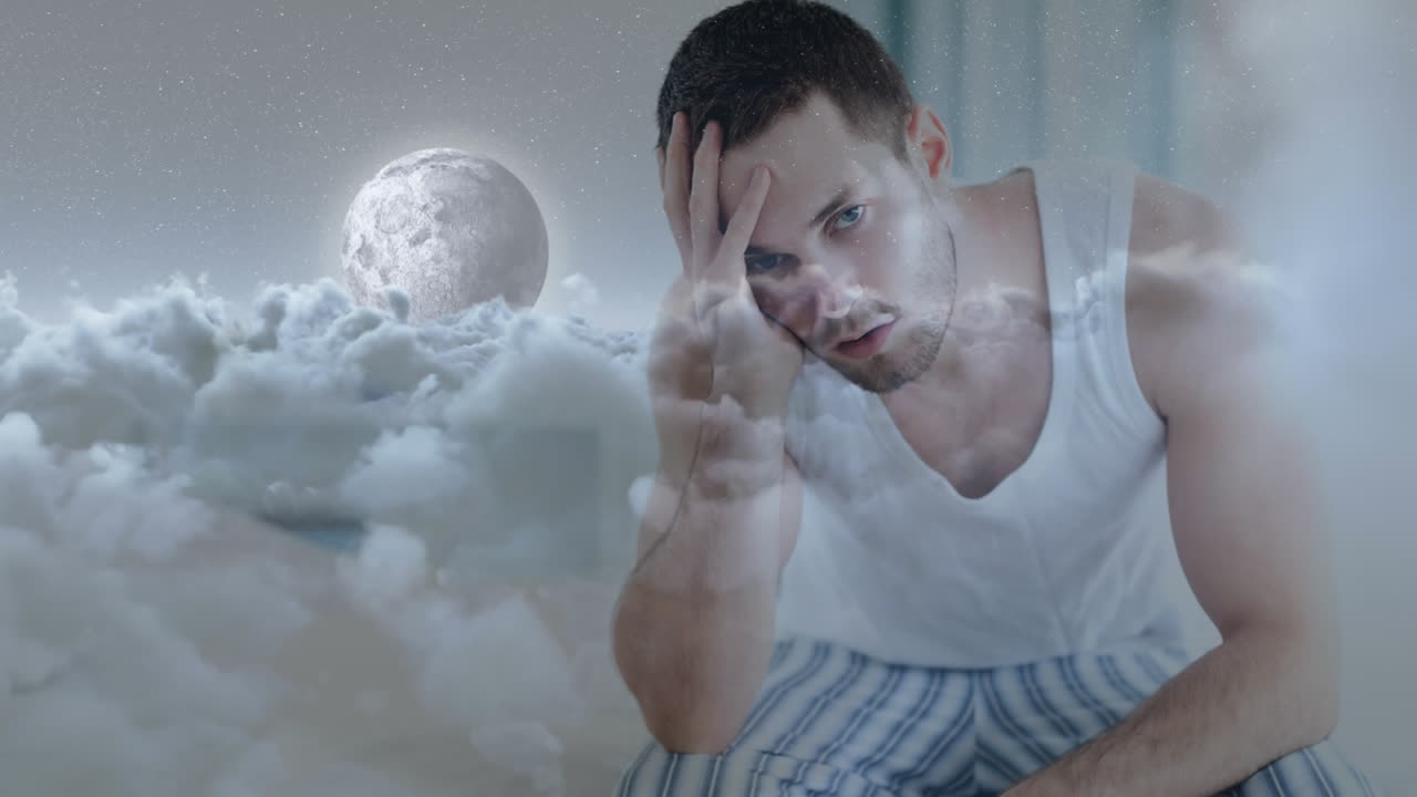 집에 앉아있는 걱정하는 남자의 디지털 애니메이션 4k