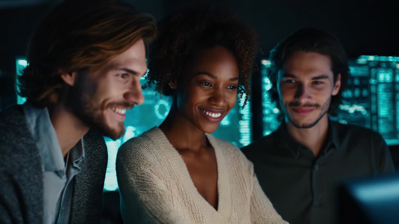 A group of three young individuals engaged in focused collaboration within a high-tech environment, showcasing teamwork, concentration, and enthusiasm while working on digital screens