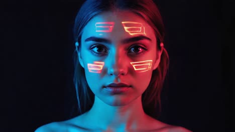 woman with futuristic glowing geometric face projections