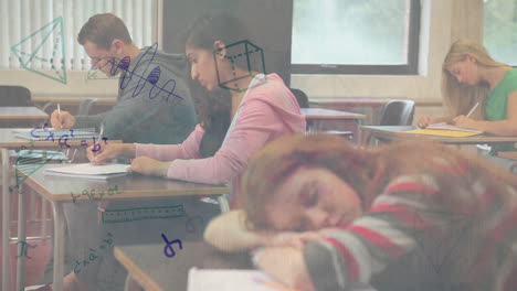 animación de iconos escolares y ecuaciones matemáticas en diversos estudiantes