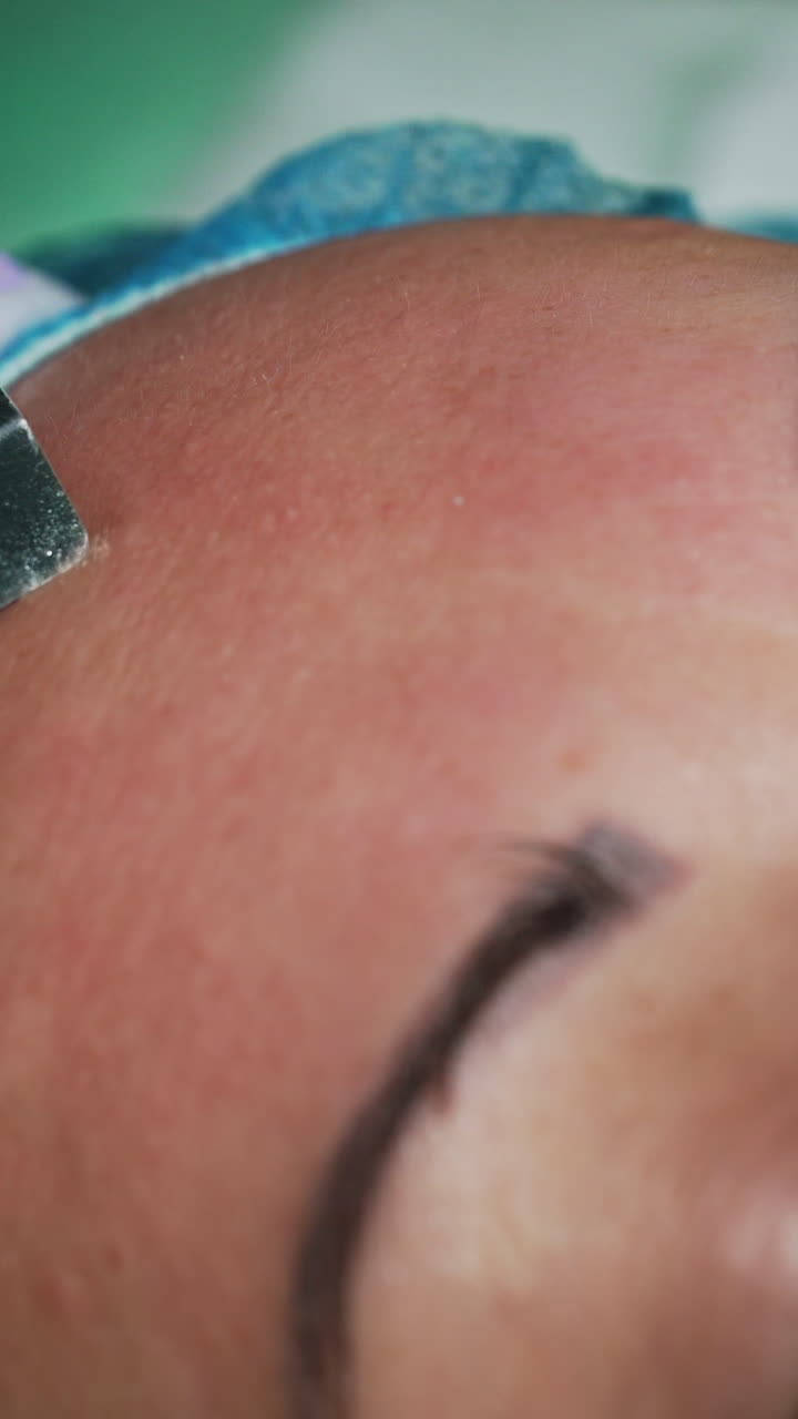 Beautician performs ultrasonic face skin cleansing using special device. Skincare concept. Extreme close up. Vertical video