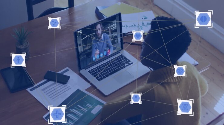 Animation of network of connections over african american businesswoman having video call
