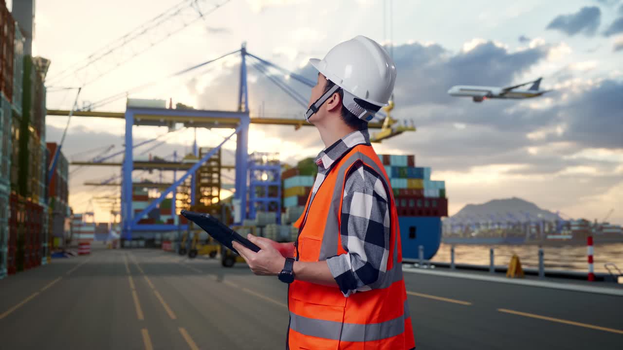 Side View Of Asian Male Engineer With Safety Helmet Looking At The Tablet In His Hand And Looking Around While Standing at Port with Container Ship and Cranes at Sunset