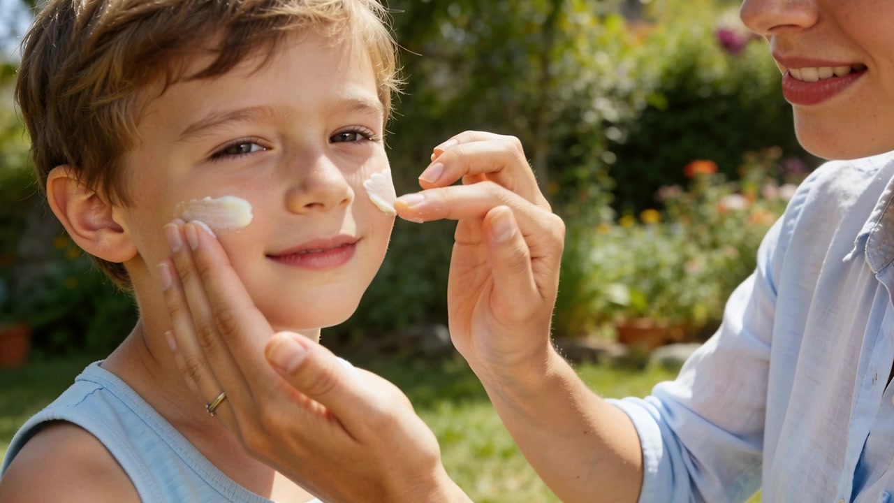 Mani di un genitore che applicano crema bianca sulle guance di un bambino vestito di blu in giardino per la protezione solare