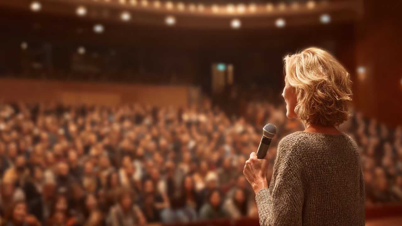 Relatore Coinvolgente Cattura un Pubblico Entusiasta in un Grande Auditorium, Offrendo una Presentazione Efficace che Ispira Riflessione e Discussione.
