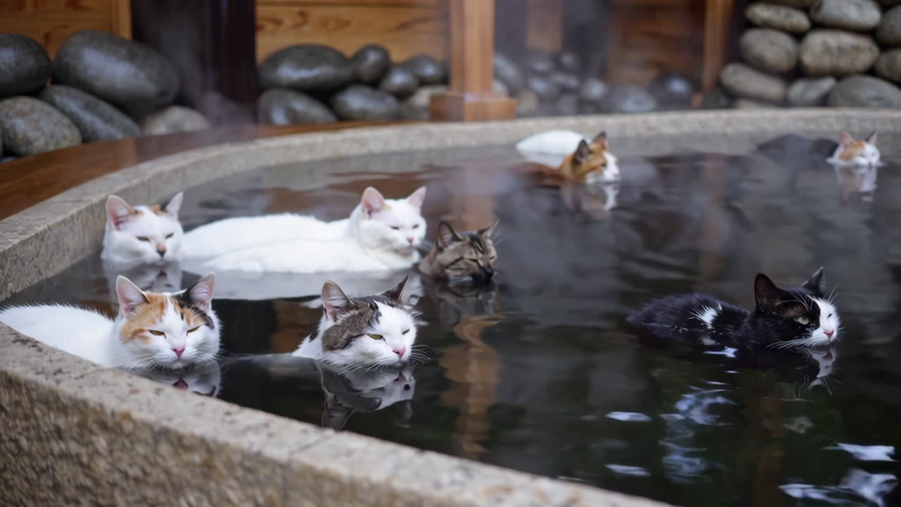 Cats Relaxing in a Japanese Onsen