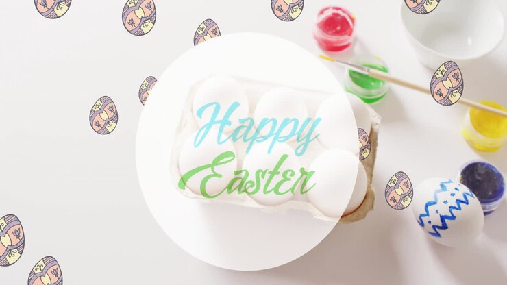 Animation of happy easter text over eggs and paints on white background