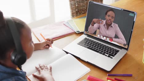 Composition-of-african-american-schoolgirl-on-laptop-online-learning-with-african-american-teacher