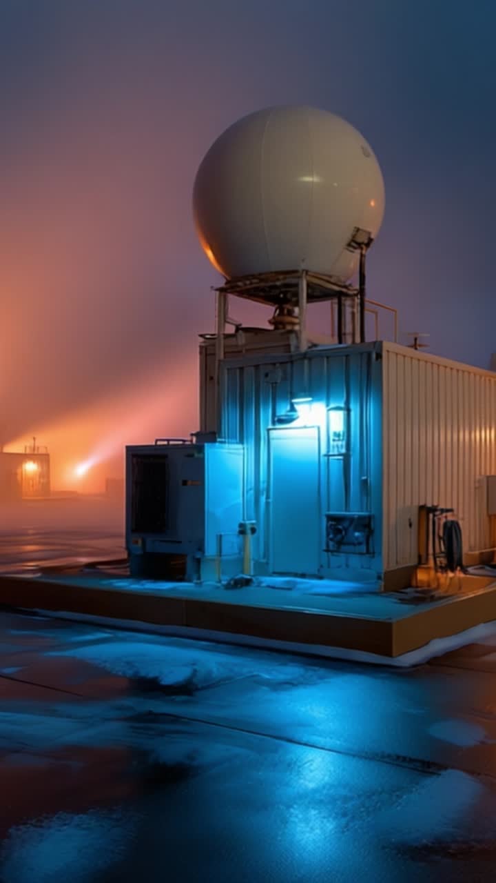 Illuminated Radar Station at Night with Blue Light Effects and Foggy Atmosphere Creating an Enigmatic Scene of Technology in an Urban Setting
