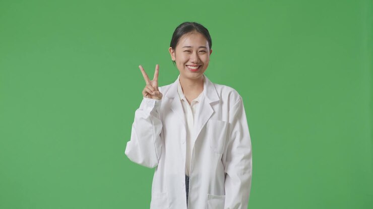 frau in labormantel macht ein friedenszeichen