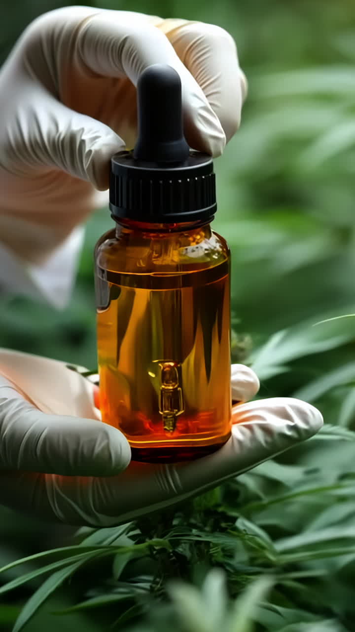 Harvesting Cannabis Oil in a Greenhouse During Daylight Hours. A person in gloves holds a bottle of cannabis oil among thriving plants in a greenhouse. Vertical video