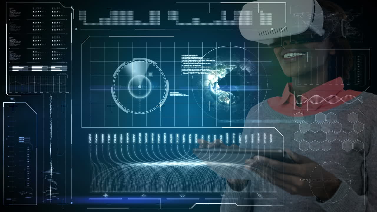 mujer usando vr con gráficos y datos