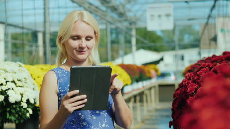 woman uses tablet in greenhouse