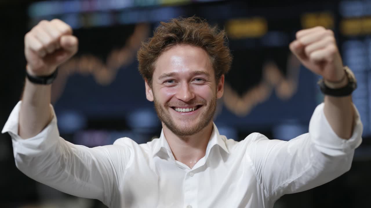 A jubilant young man celebrates success with raised fists, embodying triumph and positivity amidst a backdrop of financial charts and trading data in a bustling environment