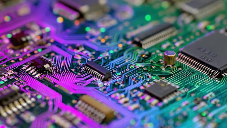 Primo piano dettagliato di un circuito stampato colorato con componenti elettronici complessi e motivi vivaci illuminati da luci LED multicolore