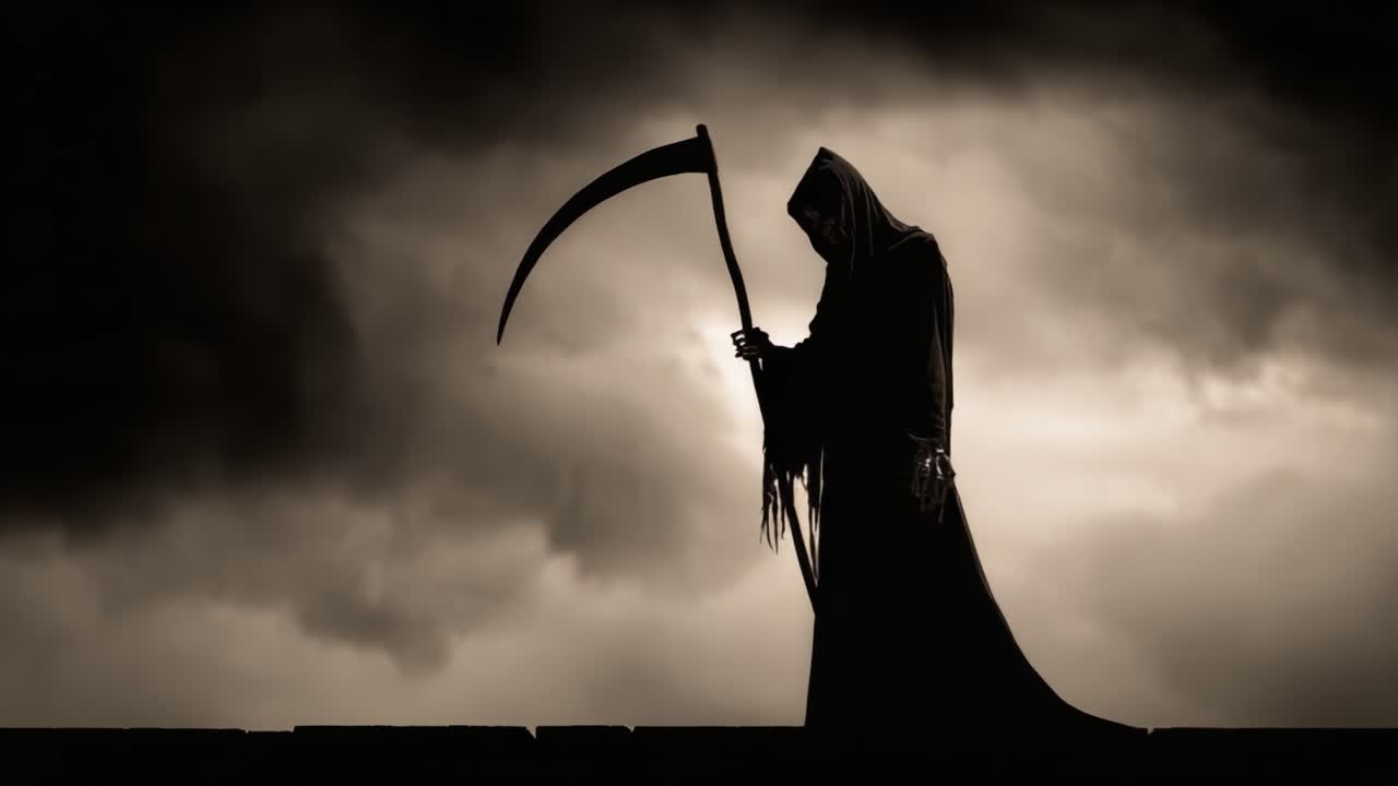 Sinistra silhouette di una figura ammantata che impugna una falce contro un cielo scuro e tempestoso, incarnando i temi della mortalità, dell'oscurità e del passare del tempo.