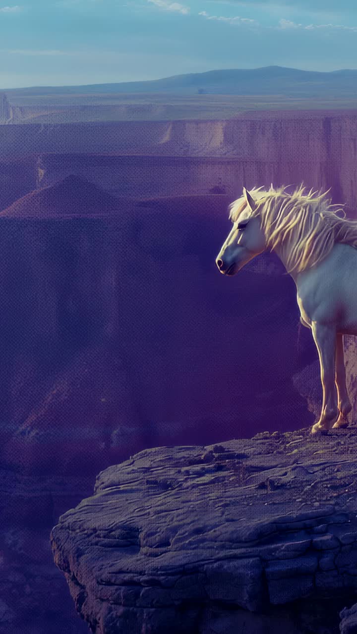 Vertical video: Tilting head pale horned horse surveying canyon while camera panning, copy space