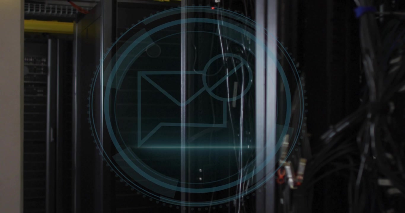 Server rack showing Cyber Security HUD, scan starting, envelope icon pulsing to monitor traffic